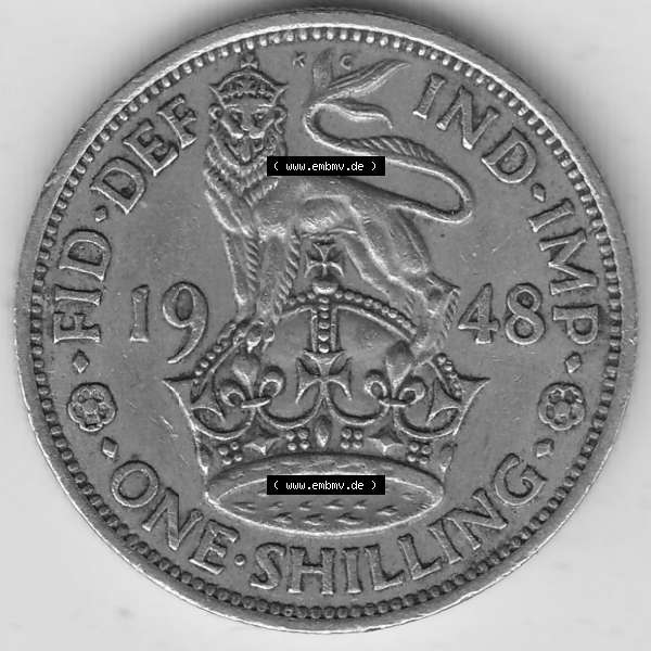 Grau bzw. s/w Alte Münzen Großbritannien Umlaufmünze 1949-1951, 1 One Schilling - Shilling, 1948-4 Stehender Löwe auf Krone. Rückseite der alten britischen Münze aus... Sammlung Graustufen