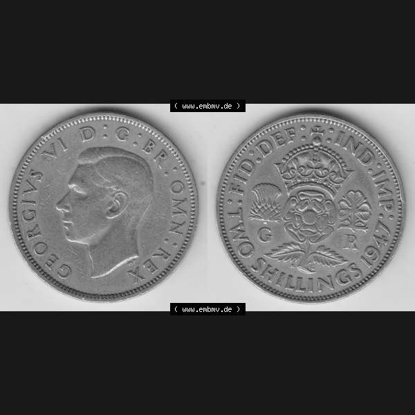 Grau bzw. s/w Alte Münzen Großbritannien Umlaufmünze 1947-1948, 2 Schilling-Florin, Two Shillings, 1947-4, George VI, GEORGIVS VI D G BR OMN REX, FID DEF IND IMP,... Sammlung Graustufen