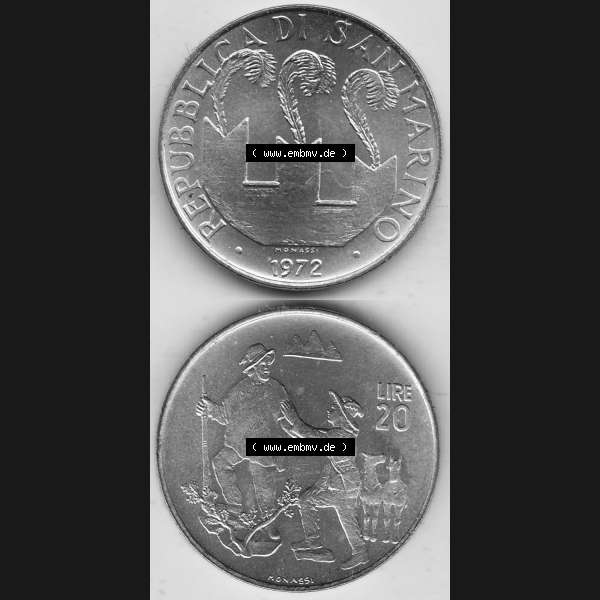 Grau bzw. s/w Bildmaterial Münzensatz / KMS 1972 aus San Marino 1972-1972, 20 Lire, 1972, MONASSI REPUBBLICA DI SAN MARINO. Vorderseite und Rückseite einer Umlaufmünze mit... Sammlung Graustufen