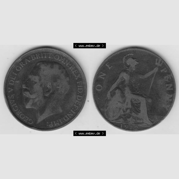 Grau bzw. s/w Alte Münzen Großbritannien Umlaufmünze 1911-1926, 1 Penny, One Penny, 1912-1, B.M. GEORGIVS V DEI GRA BRITT OMN REX FID DEF IND IMP. Vorderseite... Sammlung Graustufen