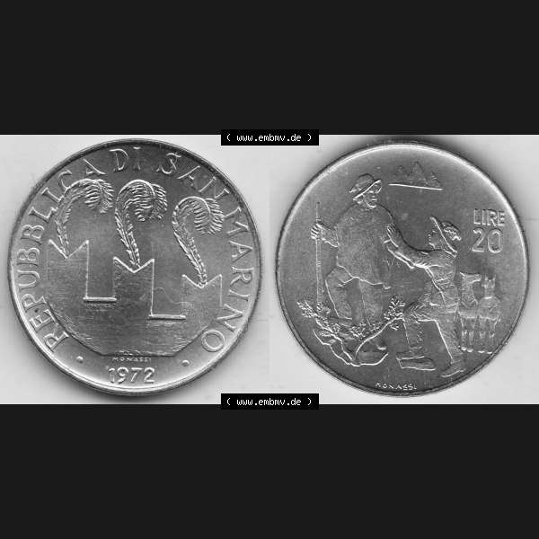 Grau bzw. s/w Bildmaterial Münzensatz / KMS 1972 aus San Marino 1972-1972, 20 Lire, 1972, MONASSI REPUBBLICA DI SAN MARINO. Vorderseite und Rückseite einer Umlaufmünze aus... Sammlung Graustufen