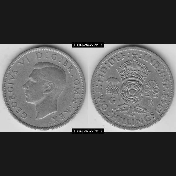 Grau bzw. s/w Alte Münzen Großbritannien Umlaufmünze 1947-1948, 2 Schilling-Florin, Two Shillings, 1948-6, George VI, GEORGIVS VI D G BR OMN REX, FID DEF IND IMP,... Sammlung Graustufen