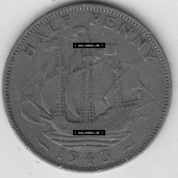 Grau bzw. s/w Alte Münzen Großbritannien Umlaufmünze 1937-1948, Half Penny, 1943-1, George VI, HALF PENNY HP, Segelschiff. Rückseite der alten britischen Münze... Sammlung Graustufen