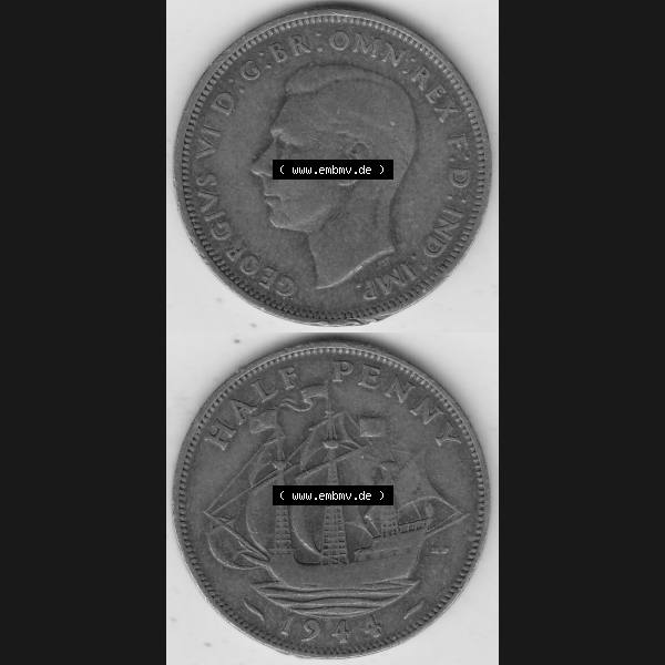 Grau bzw. s/w Alte Münzen Großbritannien Umlaufmünze 1937-1948, Half Penny, 1944-1, George VI, HALF PENNY HP, Segelschiff. Vorderseite und Rückseite vertikal... Sammlung Graustufen