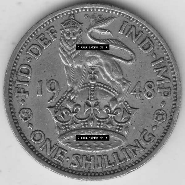 Grau bzw. s/w Alte Münzen Großbritannien Umlaufmünze 1949-1951, 1 One Schilling - Shilling, 1948-2 Stehender Löwe auf Krone. Rückseite der alten britischen Münze aus... Sammlung Graustufen