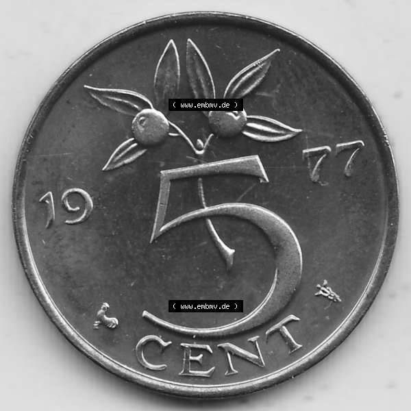Grau bzw. s/w Alte Münzen KMS Niederlande, Kursmünzensatz 1977, 1950-1980, 5 Cent, 1977-1, JULIANA KONINGIN DER NEDERLANDEN. Rückseite mit Wert-Zahl bzw. Nennwert... Sammlung Graustufen