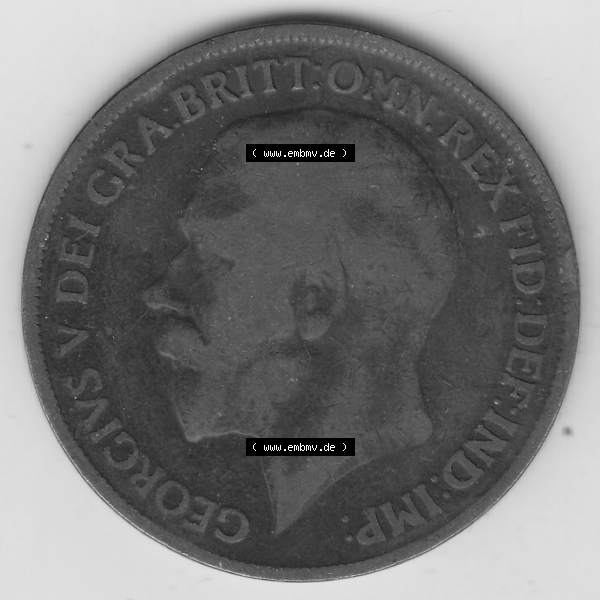 Grau bzw. s/w Alte Münzen Großbritannien Umlaufmünze 1911-1926, 1 Penny, One Penny, 1918-1, B.M. GEORGIVS V DEI GRA BRITT OMN REX FID DEF IND IMP. Vorderseite... Sammlung Graustufen