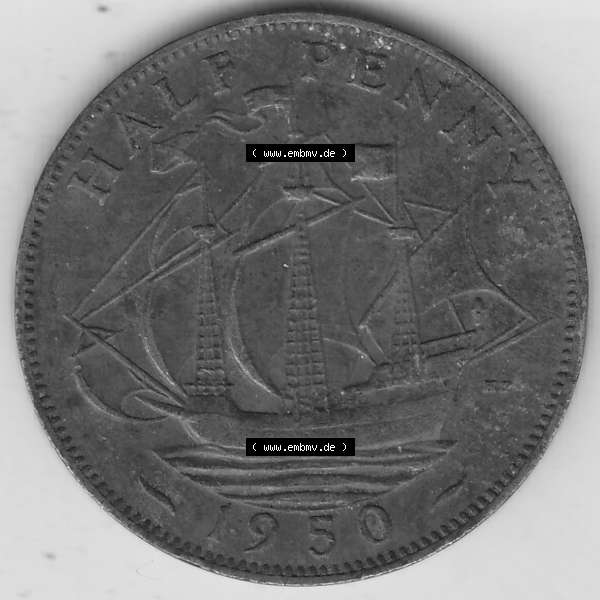 Grau bzw. s/w Alte Münzen Großbritannien Umlaufmünze 1949-1952, Half Penny, 1950-1, George VI, HALF PENNY HP, Segelschiff. Rückseite der alten britischen Münze... Sammlung Graustufen