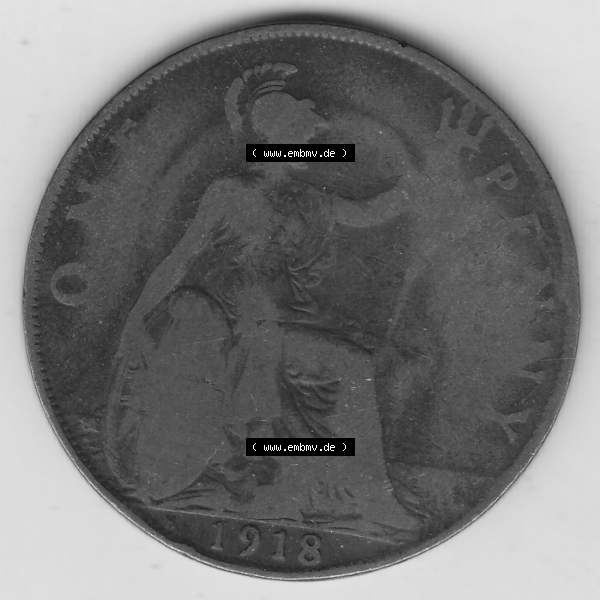 Grau bzw. s/w Alte Münzen Großbritannien Umlaufmünze 1911-1926, 1 Penny, One Penny, 1918-1, B.M. GEORGIVS V DEI GRA BRITT OMN REX FID DEF IND IMP. Rückseite... Sammlung Graustufen