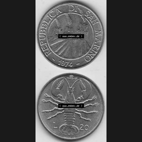 Grau bzw. s/w Bildmaterial Münzensatz / KMS 1974 aus San Marino 1974-1974, 20 Lire, L.20 MINGUZZI MONASSI INC.. Vorderseite und Rückseite als vertikales untereinander zusammengefügte... Sammlung Graustufen