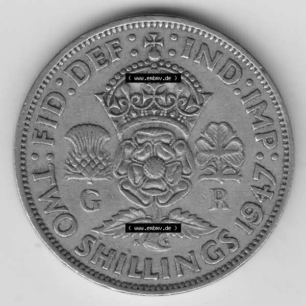 Grau bzw. s/w Alte Münzen Großbritannien Umlaufmünze 1947-1948, 2 Schilling-Florin, Two Shillings, 1947-2, George VI, GEORGIVS VI D G BR OMN REX, FID DEF IND IMP,... Sammlung Graustufen