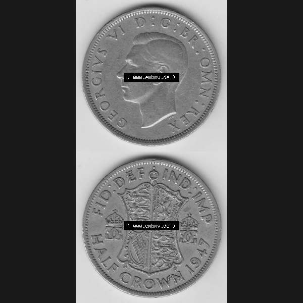 Grau bzw. s/w Alte Münzen Großbritannien Umlaufmünze 1947-1948, 1/2 Krone, Half Crown 1947-1, George VI, FID DEF IND IMP HALF CROWN. Vorderseite und Rückseite... Sammlung Graustufen