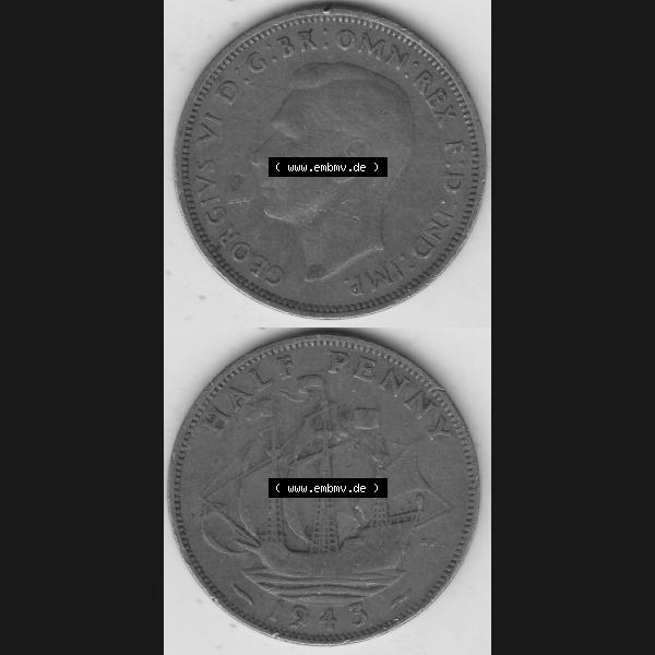 Grau bzw. s/w Alte Münzen Großbritannien Umlaufmünze 1937-1948, Half Penny, 1943-1, George VI, HALF PENNY HP, Segelschiff. Vorderseite und Rückseite vertikal... Sammlung Graustufen