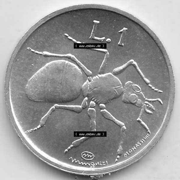 Grau bzw. s/w Bildmaterial Münzensatz / KMS 1974 aus San Marino 1974-1974, 1 Lire, 1 Lira, L.1 MINGUZZI MONASSI INC.. Rückseite als Einzelansicht einer Umlaufmünze... Sammlung Graustufen
