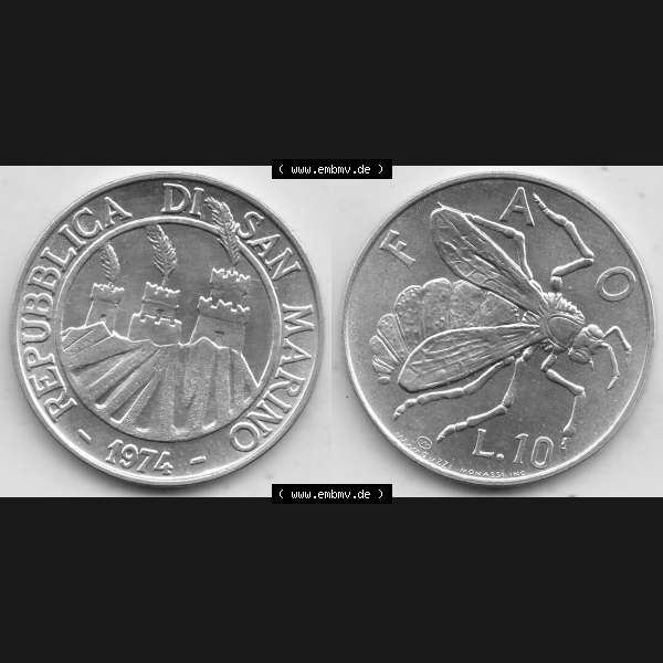 Grau bzw. s/w Bildmaterial Münzensatz / KMS 1974 aus San Marino 1974-1974, 10 Lire, L.10 MINGUZZI MONASSI INC.. Vorderseite und Rückseite als horizontales Bildmaterial... Sammlung Graustufen