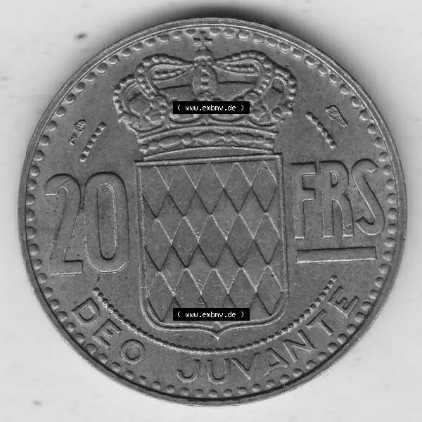 Grau bzw. s/w Alte Münzen Monaco Umlaufmünze Einzelansicht 1950-1951, 20 Franken - FRS, Francs, 1950-1, P. TURIN RAINIER III PRINCE DE MONACO, 20 FRS DEO JUVANTE.... Sammlung Graustufen