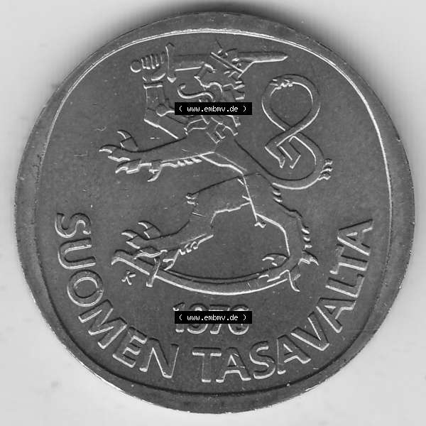 Grau bzw. s/w Alte Münzen KMS Finnland, Kursmünzensatz 1976 in Stempelglanz 1969-1993, 1 Finnische Mark, Markka 1976-1, SUOMEN TASAVALTA. Vorderseite einer Münze aus KMS... Sammlung Graustufen