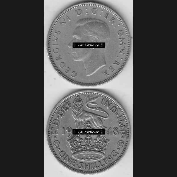 Grau bzw. s/w Alte Münzen Großbritannien Umlaufmünze 1949-1951, 1 One Schilling - Shilling, 1948-4 Stehender Löwe auf Krone. Vorderseite und Rückseite vertikal untereinander... Sammlung Graustufen