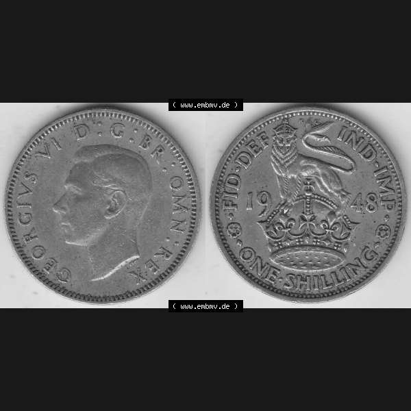 Grau bzw. s/w Alte Münzen Großbritannien Umlaufmünze 1949-1951, 1 One Schilling - Shilling, 1948-2 Stehender Löwe auf Krone. Vorderseite und Rückseite horizontal auf einen... Sammlung Graustufen