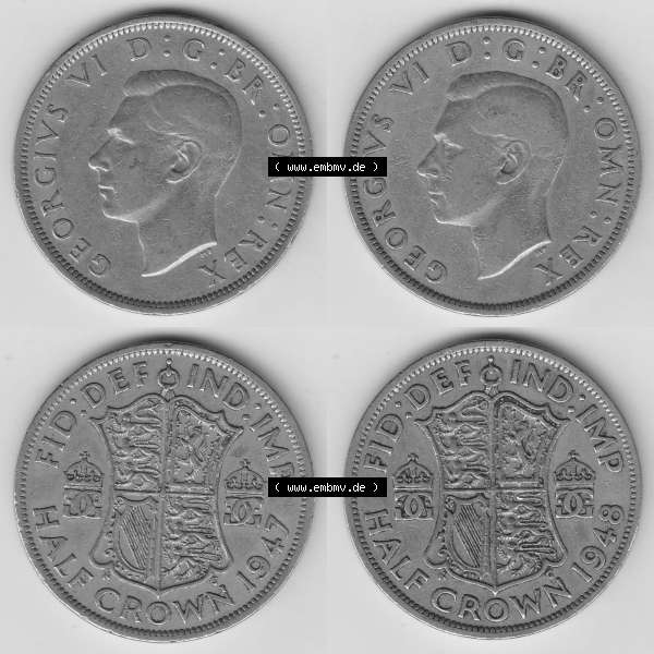 Grau bzw. s/w Alte Münzen Großbritannien Umlaufmünze 1947-1948, 1/2 Krone, Half Crown 1947 und 1948 Bild-Version 2/2, George VI, FID DEF IND IMP HALF CROWN. Ein... Sammlung Graustufen