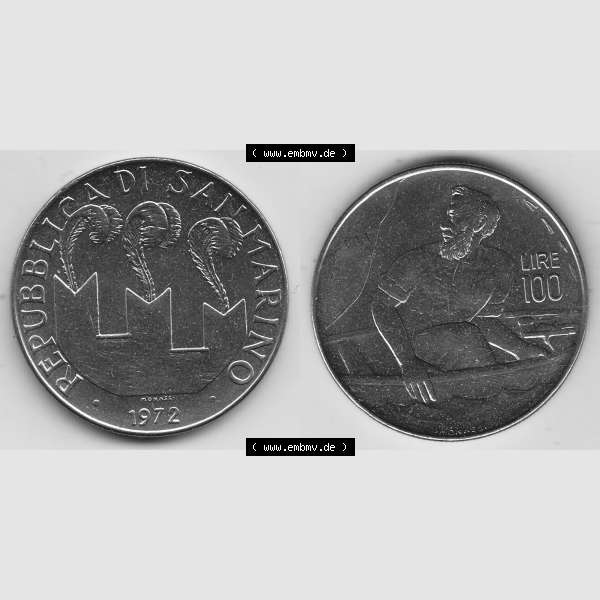 Grau bzw. s/w Bildmaterial Münzensatz / KMS 1972 aus San Marino 1972-1972, 100 Lire von 1972, 100 LIRE MONASSI REPUBBLICA DI SAN MARINO. Vorderseite und Rückseite einer Umlaufmünze... Sammlung Graustufen