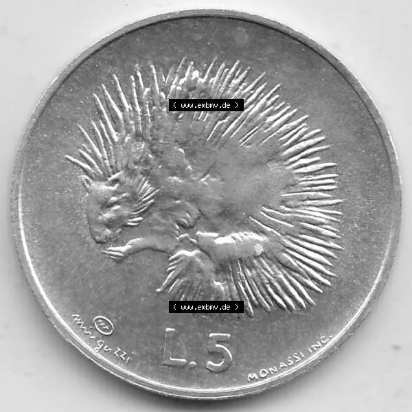 Grau bzw. s/w Bildmaterial Münzensatz / KMS 1974 aus San Marino 1974-1974, 5 Lire, L.5 MINGUZZI MONASSI INC.. Rückseite als Einzelansicht einer Umlaufmünze aus 1974... Sammlung Graustufen
