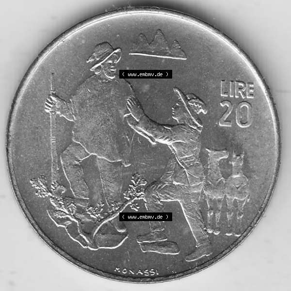 Grau bzw. s/w Bildmaterial Münzensatz / KMS 1972 aus San Marino 1972-1972, 20 Lire, 1972, MONASSI REPUBBLICA DI SAN MARINO. Rückseite als Einzelansicht einer Umlaufmünze aus... Sammlung Graustufen