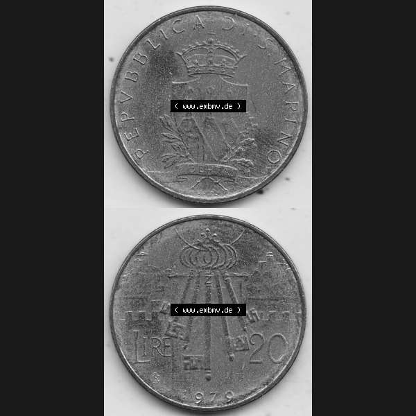 Grau bzw. s/w Bildmaterial Münzensatz / KMS 1979 aus San Marino 1979-1979, 20 Lire, J. V. LIBERTAS REPVBBLICA DI S. MARINO, 1979 20 LIRE. Vorderseite und Rückseite... Sammlung Graustufen