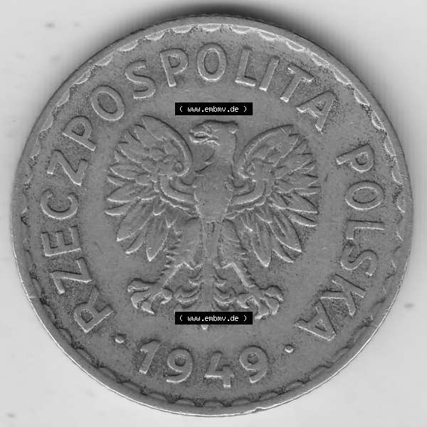 Grau bzw. s/w Münzen Polen KMS, Kursmünzensatz 1949-1949, Republik Polen 1 Zloty, Kupfer 1949-1. Vorderseite einer polnischen Münzen auf einen Digitalen Bild / Foto mit einer... Sammlung Graustufen