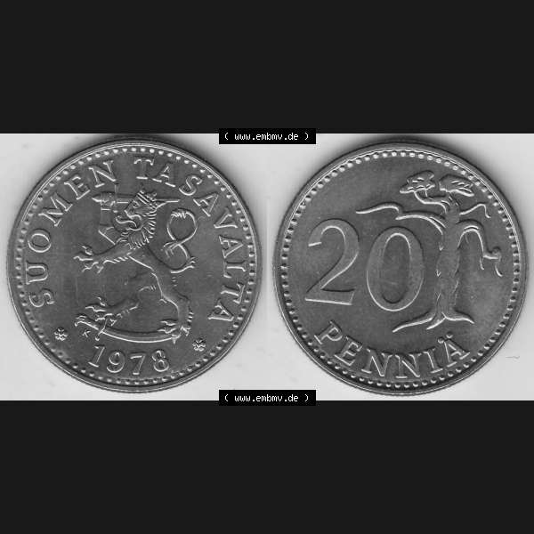 Grau bzw. s/w Alte Münzen KMS Finnland, Kursmünzensatz 1978 in Stempelglanz 1963-1990, 20 Penny, 1978-1. Digitales Bild / Bildmaterial mit Vorderseite und Rückseite einer... Sammlung Graustufen