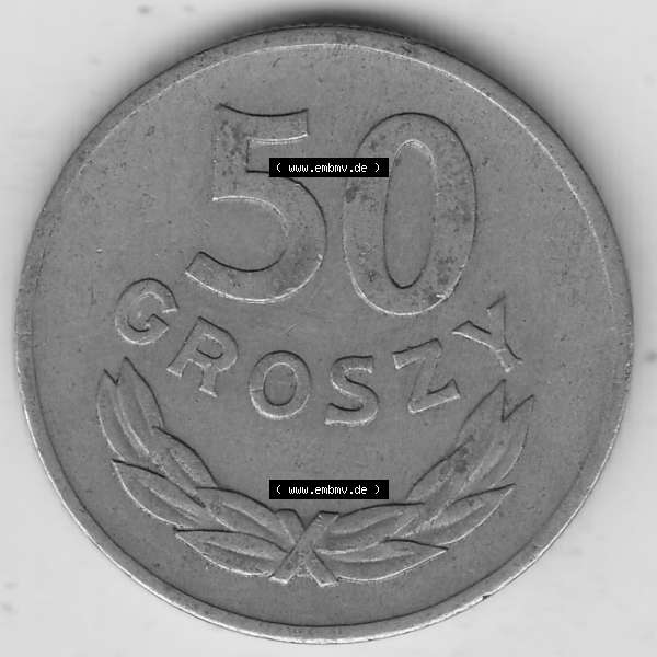Grau bzw. s/w Münzen Polen KMS, Kursmünzensatz 1949-1949, Republik Polen 50 Groszy, Groschen, Kupfer 1949-1. Rückseite mit Wert-Zahl / Wert-Angabe einer polnischen Münzen... Sammlung Graustufen