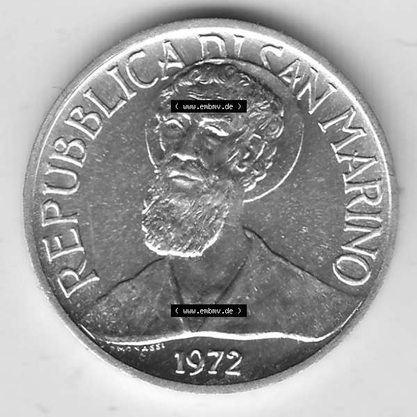 Grau bzw. s/w Bildmaterial Münzensatz / KMS 1972 aus San Marino 1972-1972, 1 Lira, Lire 1972, 1 LIRA MONASSI REPUBBLICA DI SAN MARINO. Vorderseite einer Umlaufmünze aus 1972 REPUBBLICA... Sammlung Graustufen