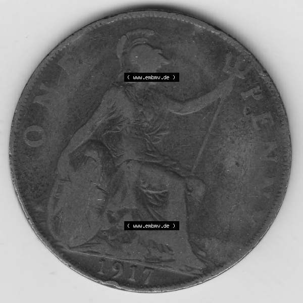 Grau bzw. s/w Alte Münzen Großbritannien Umlaufmünze 1911-1926, 1 Penny, One Penny, 1917-1, B.M. GEORGIVS V DEI GRA BRITT OMN REX FID DEF IND IMP. Rückseite... Sammlung Graustufen