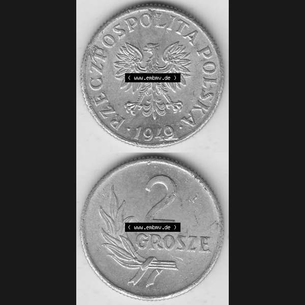 Grau bzw. s/w Münzen Polen KMS, Kursmünzensatz 1949-1949, Republik Polen 2 Grosze, Groschen, Aluminium 1949-1. Vorderseite und Rückseite vertikal, untereinander mit... Sammlung Graustufen