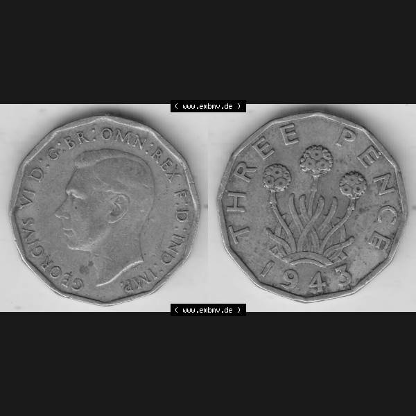 Grau bzw. s/w Alte Münzen Großbritannien Umlaufmünze 1937-1948, 3 Pence, Three Pence 1943-4, George VI, GEORGIVS VI D G BR OMN REX F D IND IMP. Vorderseite und Rückseite... Sammlung Graustufen