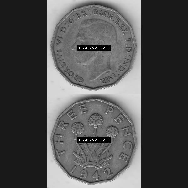 Grau bzw. s/w Alte Münzen Großbritannien Umlaufmünze 1937-1948, 3 Pence, Three Pence 1942-1, George VI, GEORGIVS VI D G BR OMN REX F D IND IMP. Vorderseite und Rückseite... Sammlung Graustufen
