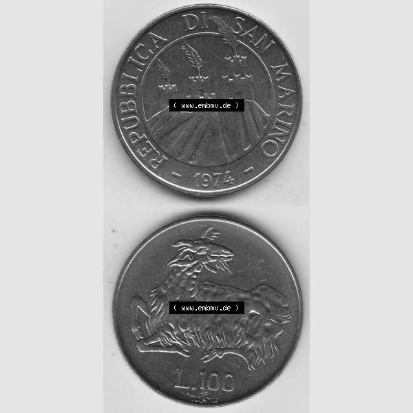 Grau bzw. s/w Bildmaterial Münzensatz / KMS 1974 aus San Marino 1974-1974, 100 Lire, L.100 MINGUZZI MONASSI INC.. Vorderseite und Rückseite als vertikales untereinander... Sammlung Graustufen