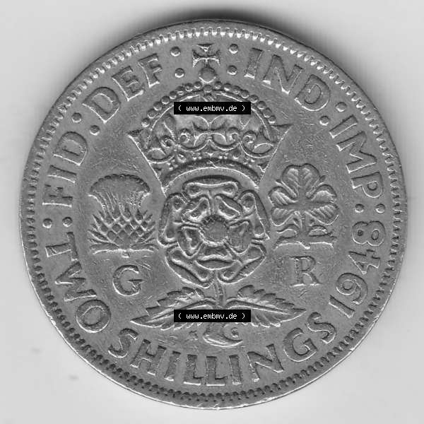 Grau bzw. s/w Alte Münzen Großbritannien Umlaufmünze 1947-1948, 2 Schilling-Florin, Two Shillings, 1948-5, George VI, GEORGIVS VI D G BR OMN REX, FID DEF IND IMP,... Sammlung Graustufen
