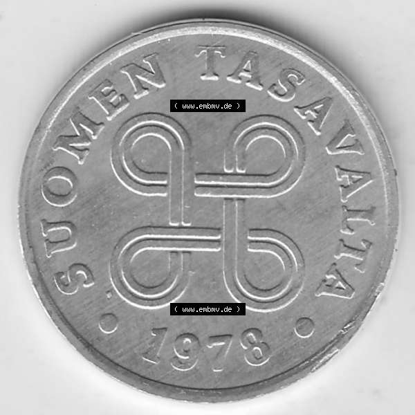 Grau bzw. s/w Alte Münzen KMS Finnland, Kursmünzensatz 1978 in Stempelglanz 1969-1979, 1 Penny, 1978-1. Vorderseite einer Münze aus offiziellen KMS / Kursmünzen bzw.... Sammlung Graustufen