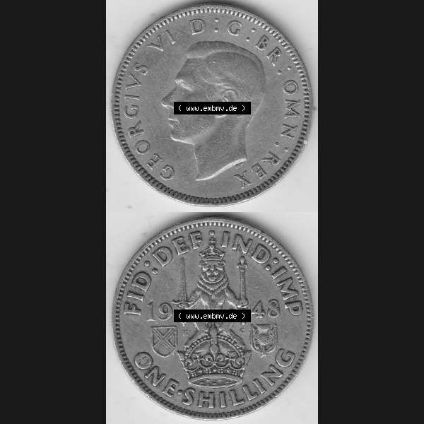 Grau bzw. s/w Alte Münzen Großbritannien Umlaufmünze 1947-1948, 2 Schilling - One Shillings 1948-2 Sitzender Löwe auf Krone. Vorderseite und Rückseite vertikal untereinander auf... Sammlung Graustufen