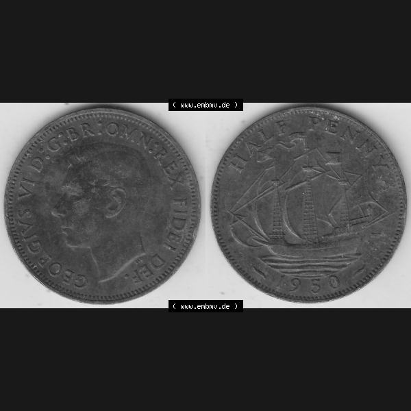 Grau bzw. s/w Alte Münzen Großbritannien Umlaufmünze 1949-1952, Half Penny, 1950-1, George VI, HALF PENNY HP, Segelschiff. Vorderseite und Rückseite horizontal... Sammlung Graustufen