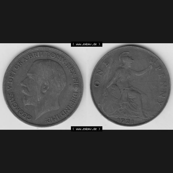 Grau bzw. s/w Alte Münzen Großbritannien Umlaufmünze 1911-1926, 1 Penny, One Penny, 1921-1, B.M. GEORGIVS V DEI GRA BRITT OMN REX FID DEF IND IMP. Vorderseite... Sammlung Graustufen