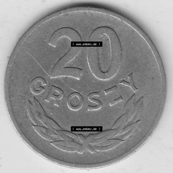 Grau bzw. s/w Münzen Polen KMS, Kursmünzensatz 1949-1949, Republik Polen 20 Groszy, Groschen, Kupfer 1949-1. Rückseite mit Wert-Zahl / Wert-Angabe einer polnischen Münzen... Sammlung Graustufen