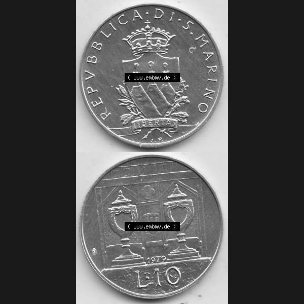 Grau bzw. s/w Bildmaterial Münzensatz / KMS 1979 aus San Marino 1979-1979, 10 Lire, J. V. LIBERTAS REPVBBLICA DI S. MARINO, 1979 L.10. Vorderseite und Rückseite... Sammlung Graustufen