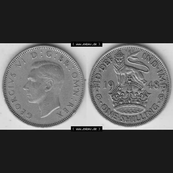 Grau bzw. s/w Alte Münzen Großbritannien Umlaufmünze 1949-1951, 1 One Schilling - Shilling, 1948-4 Stehender Löwe auf Krone. Vorderseite und Rückseite horizontal auf einen... Sammlung Graustufen