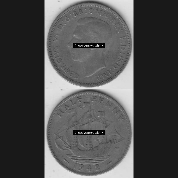 Grau bzw. s/w Alte Münzen Großbritannien Umlaufmünze 1937-1948, Half Penny, 1942-2, George VI, HALF PENNY HP, Segelschiff. Vorderseite und Rückseite vertikal... Sammlung Graustufen