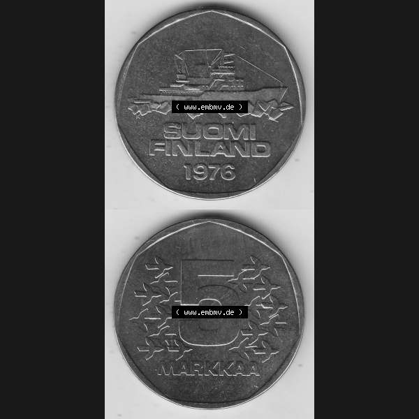 Grau bzw. s/w Alte Münzen KMS Finnland, Kursmünzensatz 1976 in Stempelglanz 1972-1978, 5 Finnische Mark, Markkaa 1976-1, SUOMI FINLAND. Vorderseite und Rückseite vertikal... Sammlung Graustufen