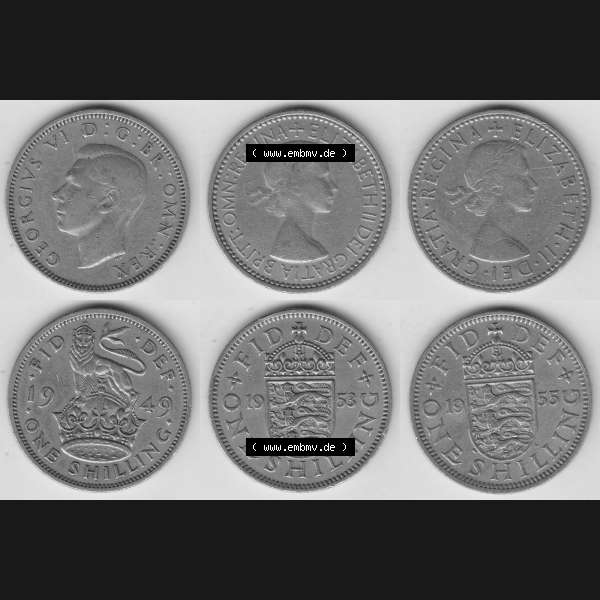 Grau bzw. s/w Alte Münzen Großbritannien Umlaufmünze One Shilling, 1 Schilling 1949, 1953, 1955. Ein Satz alter Münzen aus Großbritannien als Motiv vom digitalen Bild... Sammlung Graustufen