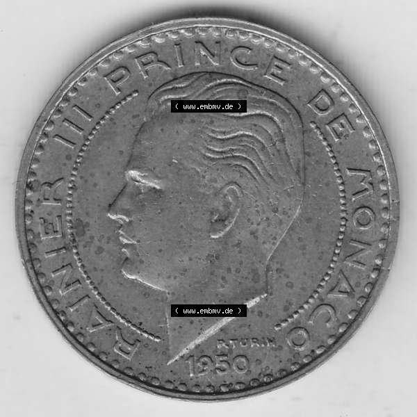 Grau bzw. s/w Alte Münzen Monaco Umlaufmünze Einzelansicht 1950-1951, 20 Franken - FRS, Francs, 1950-1, P. TURIN RAINIER III PRINCE DE MONACO, 20 FRS DEO JUVANTE.... Sammlung Graustufen