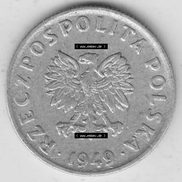 Grau bzw. s/w Münzen Polen KMS, Kursmünzensatz 1949-1949, Republik Polen 5 Groszy, Groschen, Aluminium 1949-1. Vorderseite einer polnischen Münzen auf einen Digitalen Bild... Sammlung Graustufen